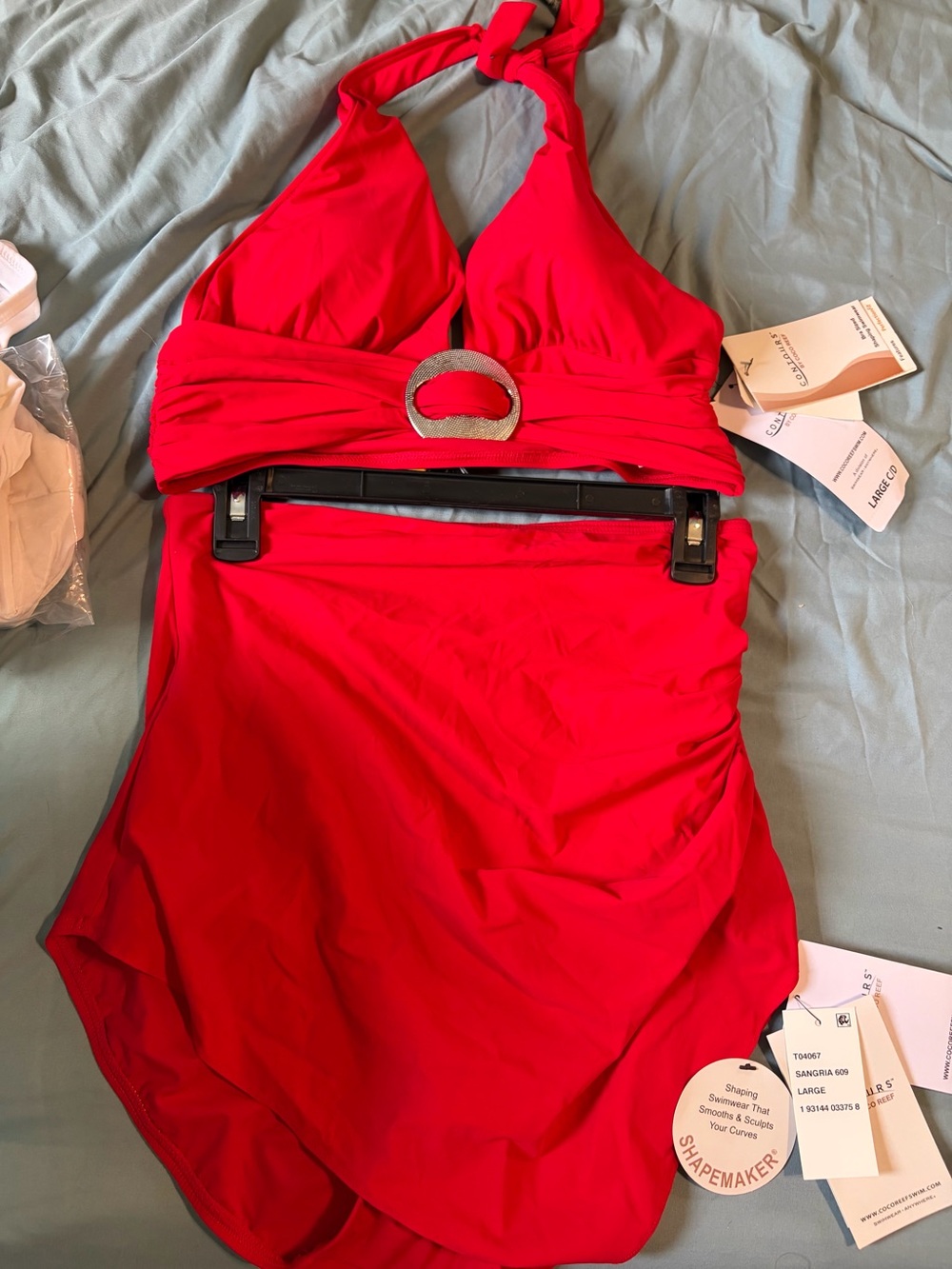 Coco Reef Bright Red 2 piece Halter neck bikini w/buckle & high waisted bikini-L